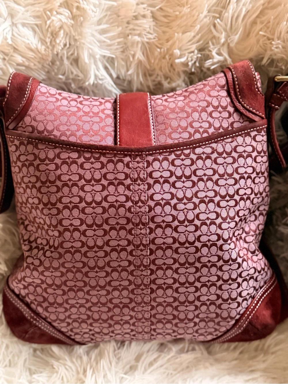 Coach Burgundy Signature Monogram Crossbody Bag with Red Leather Trim